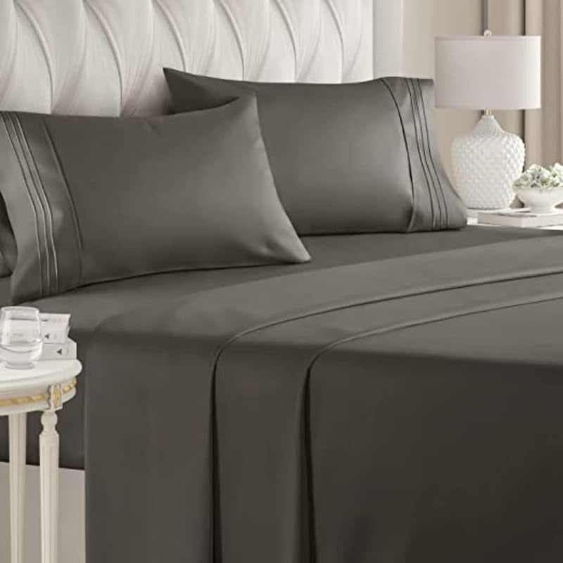 SEM B GRA Single Size Bedsheets for Single Bed 600 TC Cotton Elastic Fitted Sheet 42 x 78 Inches_with 8 Inch Drop Color_Dark Gray Solid Fitted Sheet with 2 Pillow Cover - Image 1