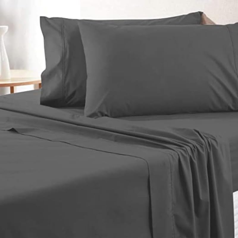 SEM B GRA Single Size Bedsheets for Single Bed 600 TC Cotton Elastic Fitted Sheet 42 x 78 Inches_with 8 Inch Drop Color_Dark Gray Solid Fitted Sheet with 2 Pillow Cover - Image 2