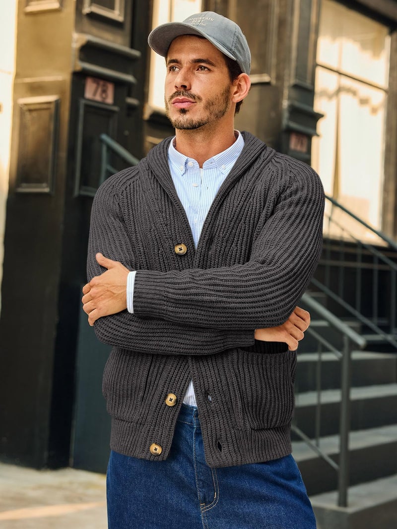 Ryannology Mens Shawl Neck Cardigan Sweater Cable Knit Button Up Closure with Pockets Winter Sweaters Outerwear - Image 2