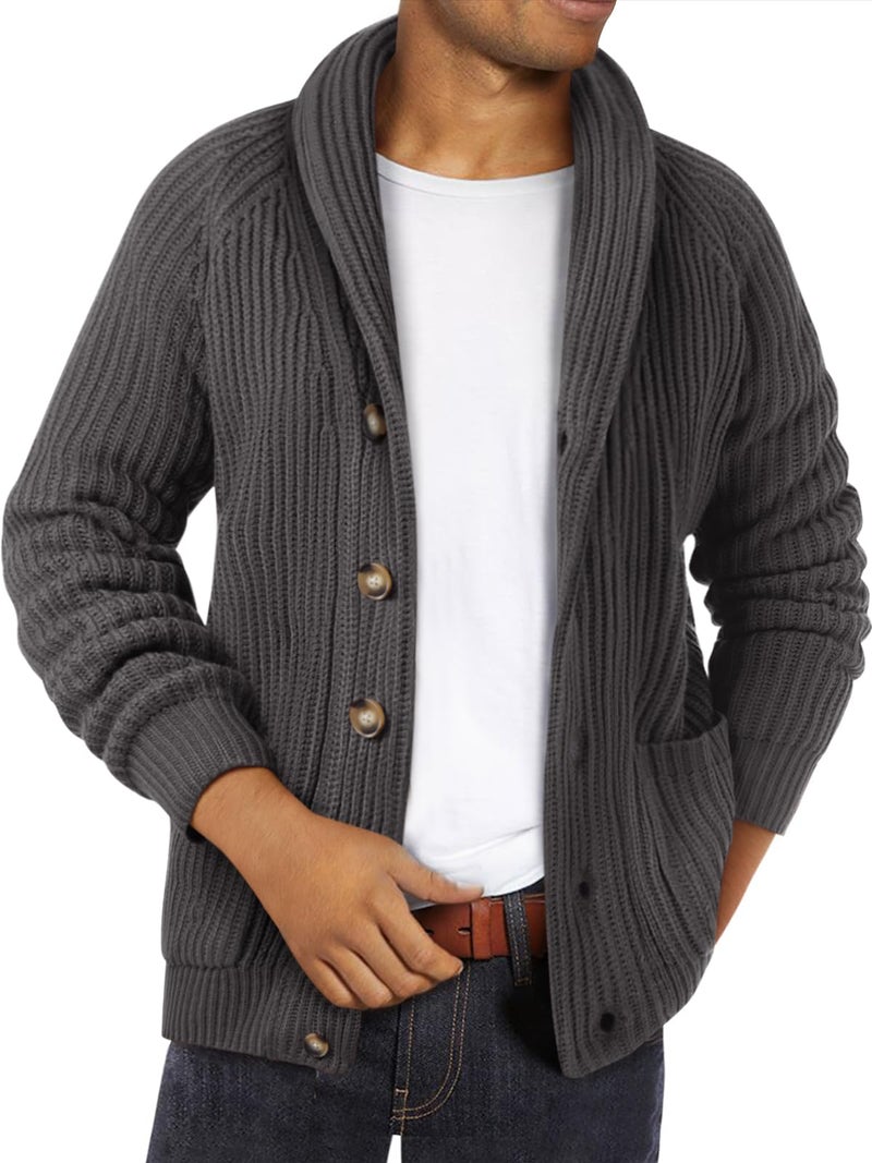 Ryannology Mens Shawl Neck Cardigan Sweater Cable Knit Button Up Closure with Pockets Winter Sweaters Outerwear - Image 1