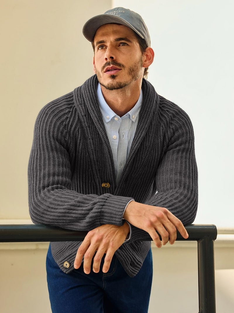 Ryannology Mens Shawl Neck Cardigan Sweater Cable Knit Button Up Closure with Pockets Winter Sweaters Outerwear - Image 3