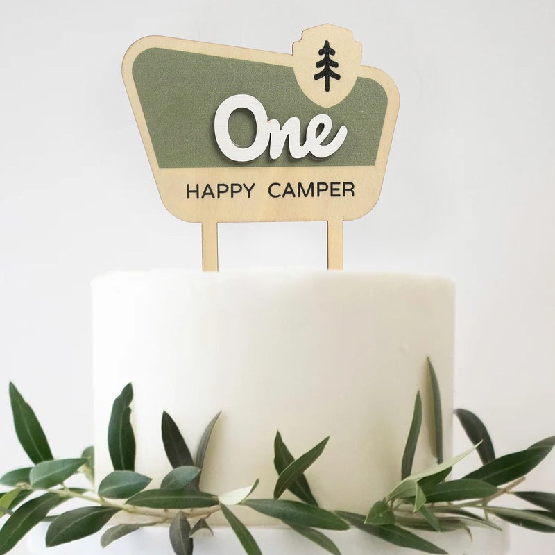 HGFC Wooden Cake Topper For One Happy Camper - One Happy Camper Birthday Decorations,Camping Party Decorations - Woodland Cake Toppers For Boys - Wooden Cake Topper, Wedding Anniversary Rravel - Image 1