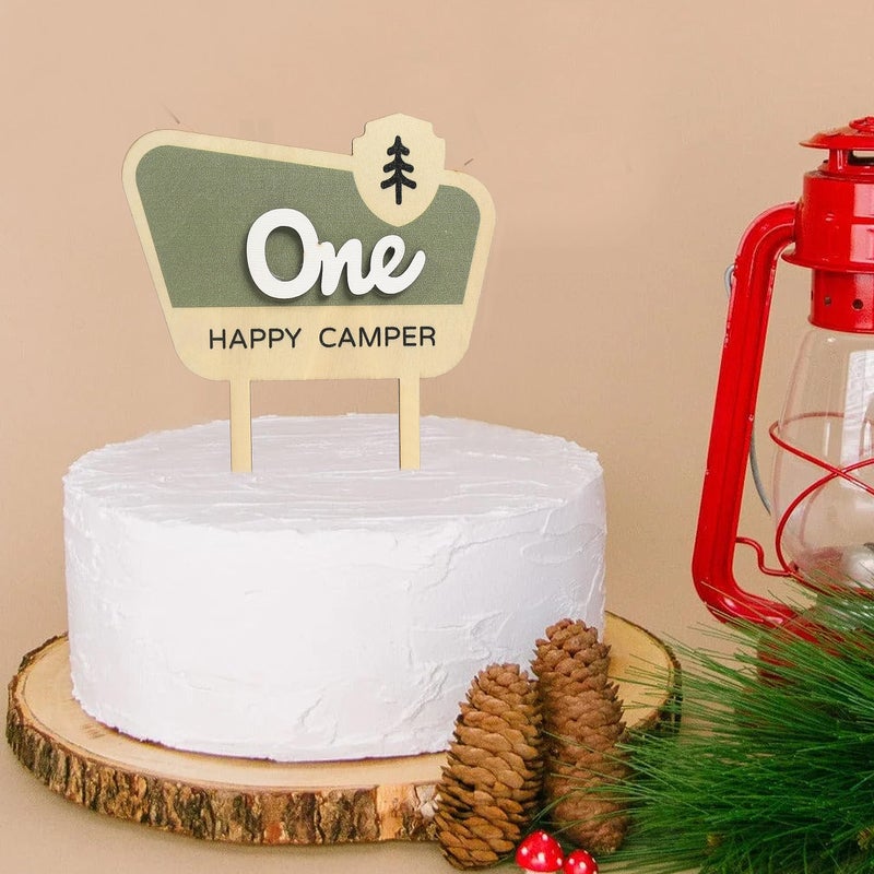 HGFC Wooden Cake Topper For One Happy Camper - One Happy Camper Birthday Decorations,Camping Party Decorations - Woodland Cake Toppers For Boys - Wooden Cake Topper, Wedding Anniversary Rravel - Image 5