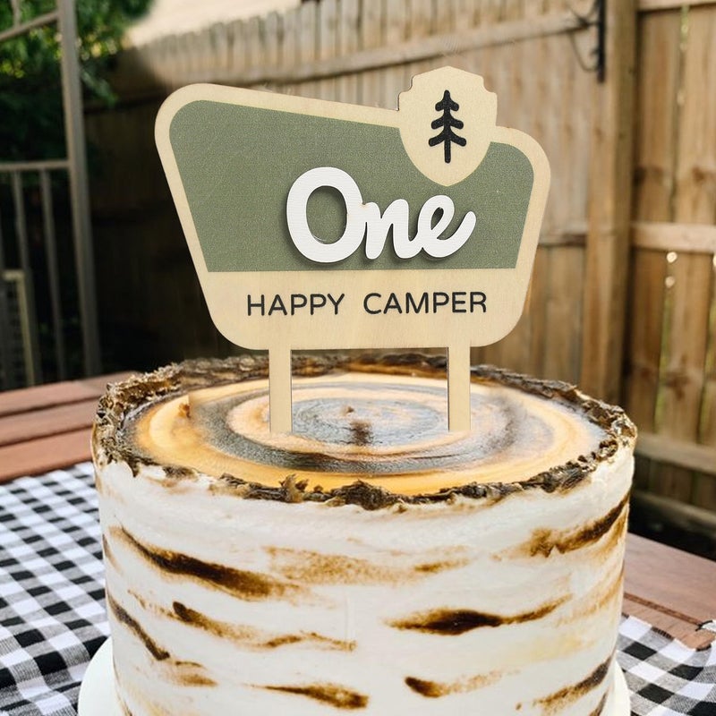 HGFC Wooden Cake Topper For One Happy Camper - One Happy Camper Birthday Decorations,Camping Party Decorations - Woodland Cake Toppers For Boys - Wooden Cake Topper, Wedding Anniversary Rravel - Image 3