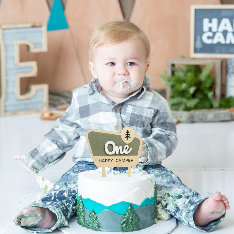 HGFC Wooden Cake Topper For One Happy Camper - One Happy Camper Birthday Decorations,Camping Party Decorations - Woodland Cake Toppers For Boys - Wooden Cake Topper, Wedding Anniversary Rravel - Image 4
