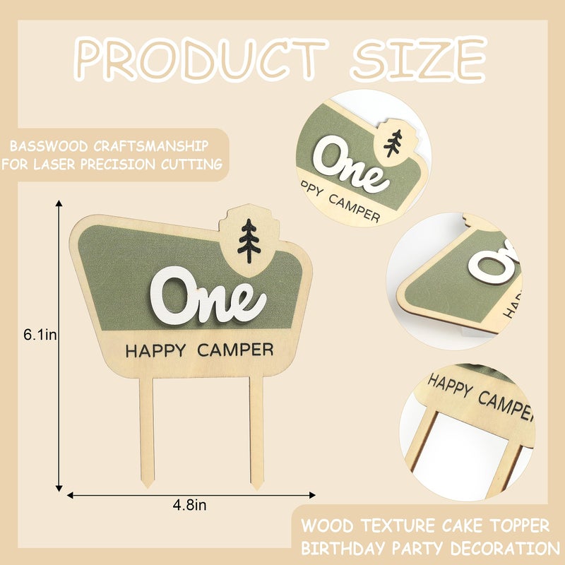 HGFC Wooden Cake Topper For One Happy Camper - One Happy Camper Birthday Decorations,Camping Party Decorations - Woodland Cake Toppers For Boys - Wooden Cake Topper, Wedding Anniversary Rravel - Image 2
