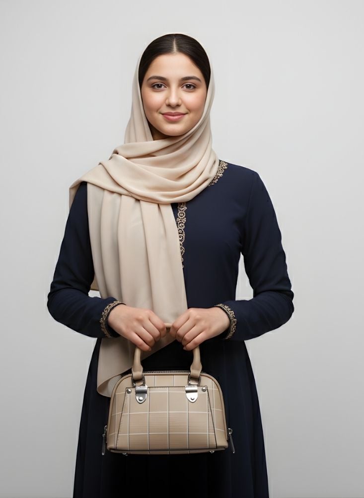 بريميم حقيبة يد نسائية أنيقة بنقشة مربعات باللونين البيج والبني الفاتح - حقيبة يد بمقبض علوي بلمسة نهائية فاخرة - Image 2