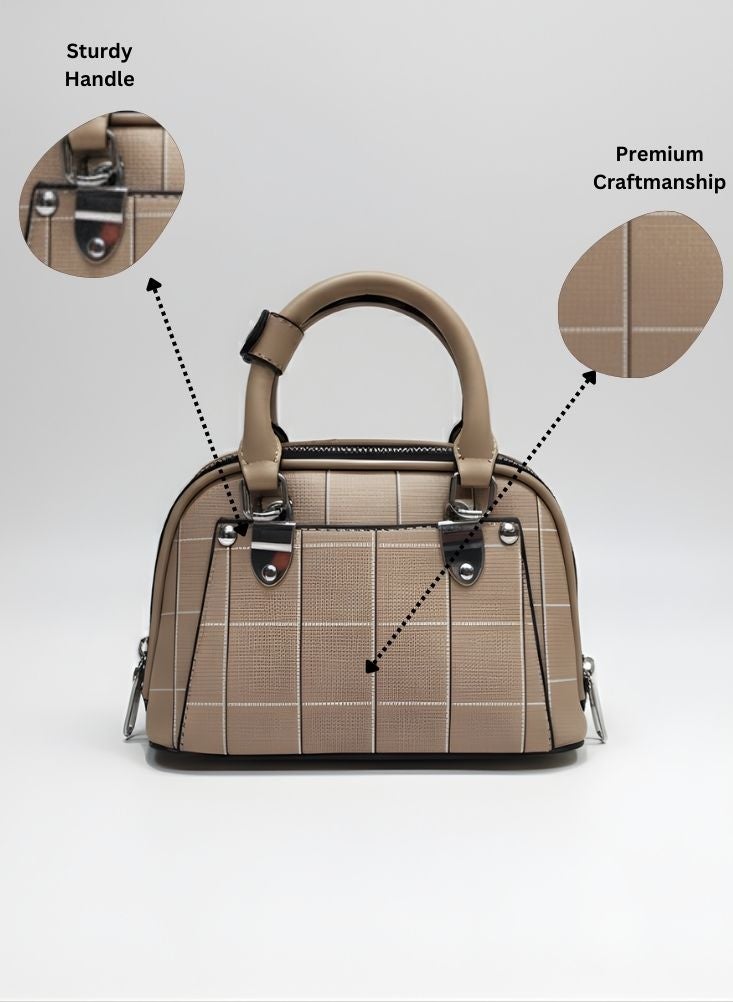 بريميم حقيبة يد نسائية أنيقة بنقشة مربعات باللونين البيج والبني الفاتح - حقيبة يد بمقبض علوي بلمسة نهائية فاخرة - Image 1