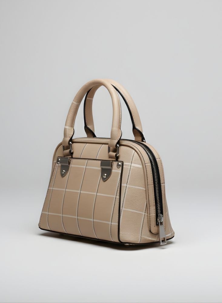 بريميم حقيبة يد نسائية أنيقة بنقشة مربعات باللونين البيج والبني الفاتح - حقيبة يد بمقبض علوي بلمسة نهائية فاخرة - Image 3