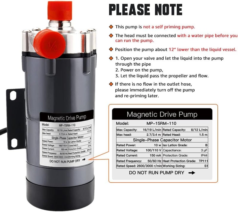 Ferroday Wort Brewing Pump, Stainless Head Magnetic Drive Brew Food Safe Water High Temp Homebrew Beer Pump with 1/2" NPT Thread - Image 2