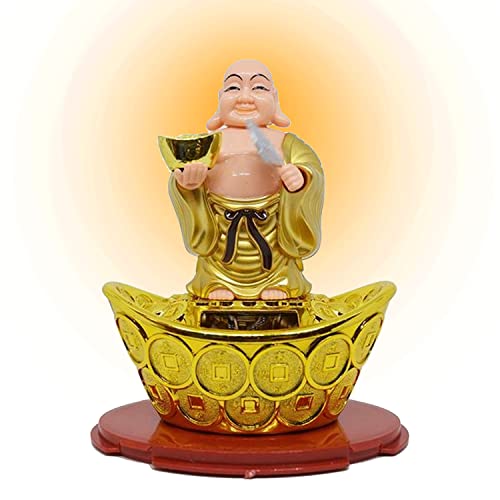 Aakriti Solar Laughing Buddha Holding Ingot & Waving Fan Moving Head & Fan for Health Wealth & Prosperity Buddha Stand on Boat (12 x 8 x 14 cm) Medium Size - Image 1