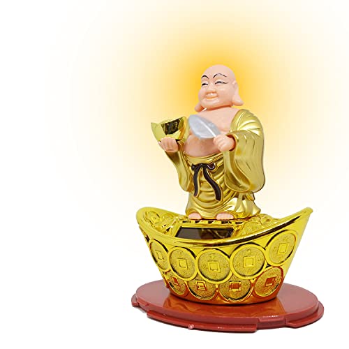 Aakriti Solar Laughing Buddha Holding Ingot & Waving Fan Moving Head & Fan for Health Wealth & Prosperity Buddha Stand on Boat (12 x 8 x 14 cm) Medium Size - Image 2