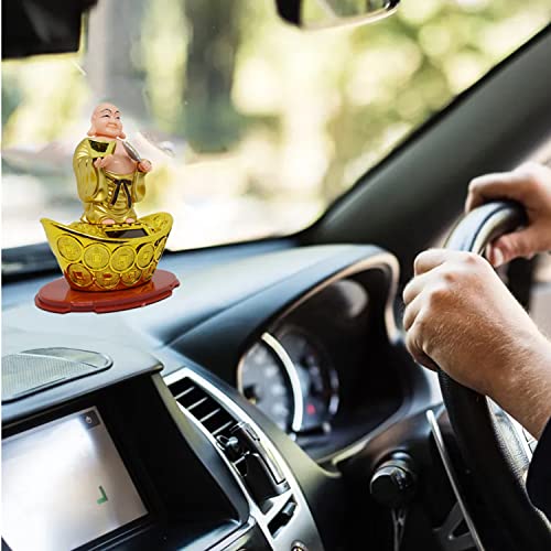 Aakriti Solar Laughing Buddha Holding Ingot & Waving Fan Moving Head & Fan for Health Wealth & Prosperity Buddha Stand on Boat (12 x 8 x 14 cm) Medium Size - Image 3