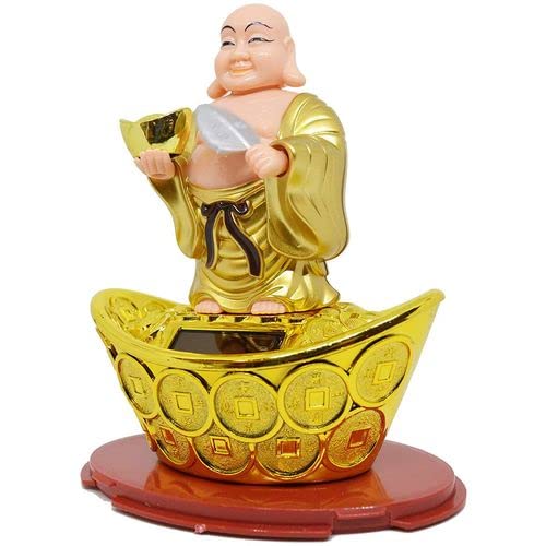 Aakriti Solar Laughing Buddha Holding Ingot & Waving Fan Moving Head & Fan for Health Wealth & Prosperity Buddha Stand on Boat (12 x 8 x 14 cm) Medium Size - Image 5