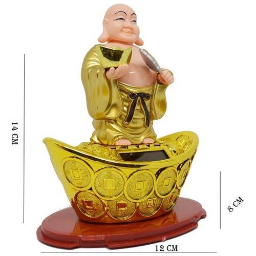 Aakriti Solar Laughing Buddha Holding Ingot & Waving Fan Moving Head & Fan for Health Wealth & Prosperity Buddha Stand on Boat (12 x 8 x 14 cm) Medium Size - Image 4