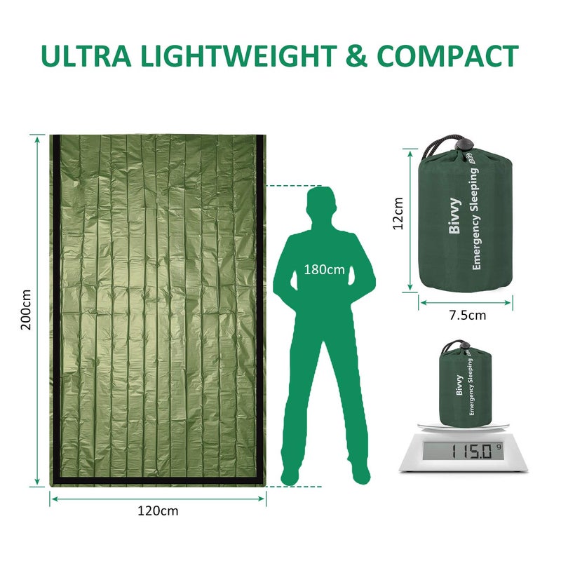 Zmoon Emergency Sleeping Bag 2 Pack Lightweight Survival Sleeping Bags Thermal Bivy Sack Portable Emergency Blanket for Camping, Hiking, Outdoor, Activities (Green) - Image 3
