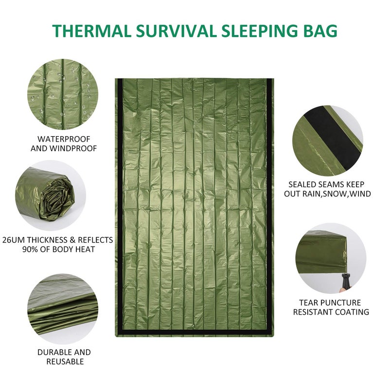 Zmoon Emergency Sleeping Bag 2 Pack Lightweight Survival Sleeping Bags Thermal Bivy Sack Portable Emergency Blanket for Camping, Hiking, Outdoor, Activities (Green) - Image 2