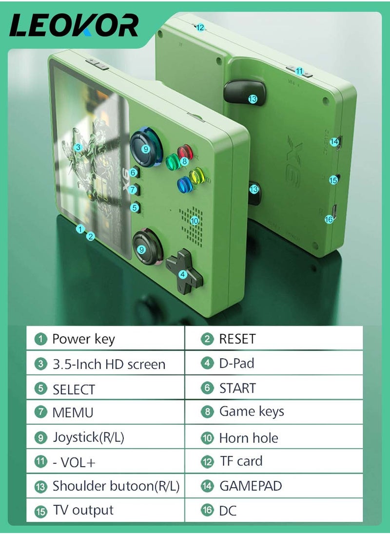 LEOKOR - X6 Handheld Retro Gaming Console,Handheld Game Console Built-in 32GB,10000+ Classic Games,3.5-inch OCA IPS Screen,Dual 3D Joystick,11 Emulators,Handheld Gam Console Support TV Output（Green） - Image 1