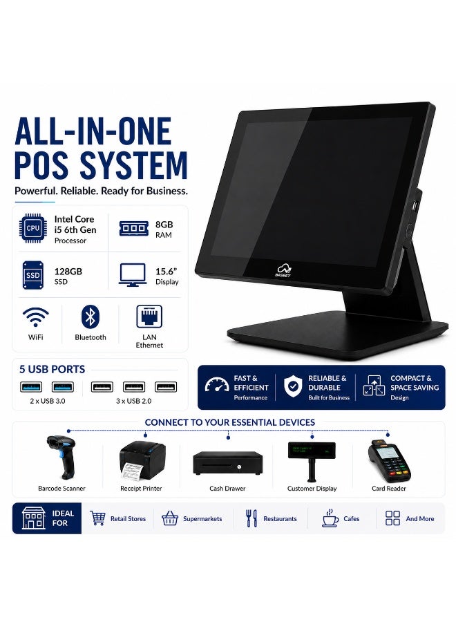BASEET All-in-One POS System Core i5 6th Gen Baseet 15.6 Inch | 8GB RAM | 128GB SSD | WiFi Bluetooth | LAN Ethernet | 5 USB Ports BAS-156R1 - Image 3