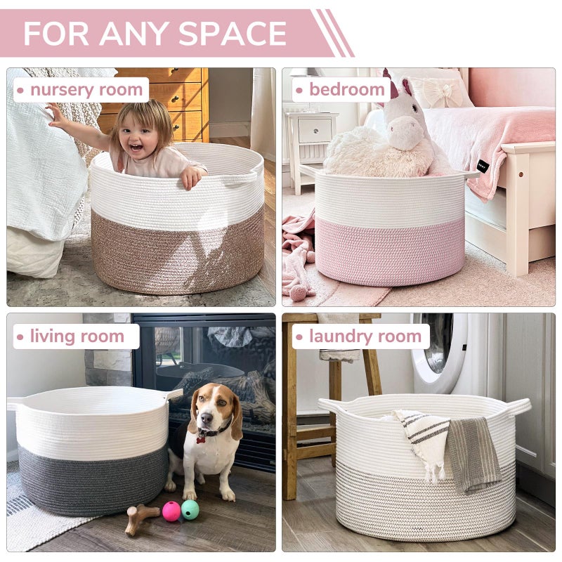 INDRESSME XXXLarge Storage Basket with Handle, Pink Laundry Basket for Nursery Stuffed Animal Storage, Baby Baskets Kids Toy Organizer, 21.7" x 21.7" x 13.8", Pink - Image 4