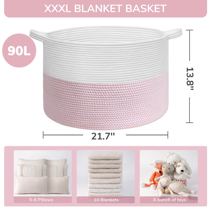 INDRESSME XXXLarge Storage Basket with Handle, Pink Laundry Basket for Nursery Stuffed Animal Storage, Baby Baskets Kids Toy Organizer, 21.7" x 21.7" x 13.8", Pink - Image 3