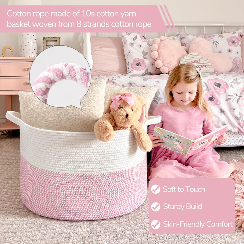 INDRESSME XXXLarge Storage Basket with Handle, Pink Laundry Basket for Nursery Stuffed Animal Storage, Baby Baskets Kids Toy Organizer, 21.7" x 21.7" x 13.8", Pink - Image 2