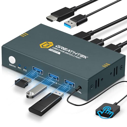 GREATHTEK USB3.0 KVM Switch 2 Port HDMI, 4K@60Hz KVM Switch 1 Monitors 2 Computers with 3 USB3.0 Ports, HDMI KVM Switches for 2 PCs Share 1 Monitors and USB Devices, Support Button Switch, EDID - Image 1
