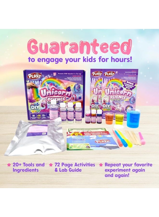 Playz Unicorn Slime & Crystals 100+ Science Experiments Kit Gift for Girls & Boys to Make Glow in The Dark Unicorn Poop, Snot, Fluffy Slime, Crystals, Putty, Arts & Crafts for Kids Age 8-12 - Image 1