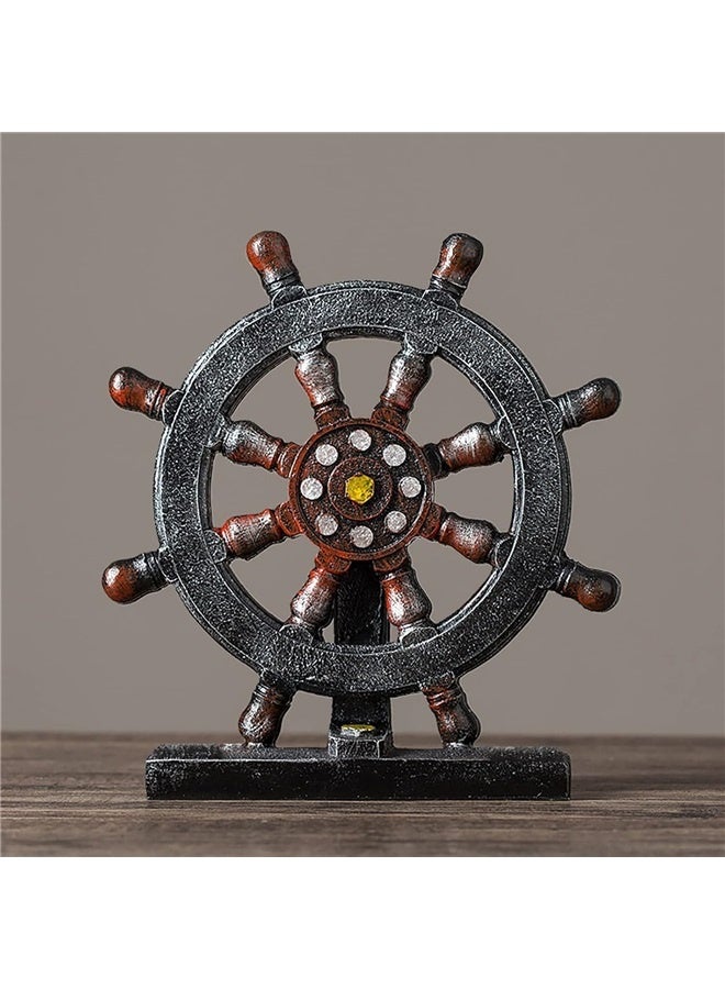 Ship Steering Wheel Boat Sculpture Decor Nautical Rudder Figurine Resin Handicraft Grey Statue Model for Bookshelf Desktop Ornaments Home Decoration (Grey) - Image 3