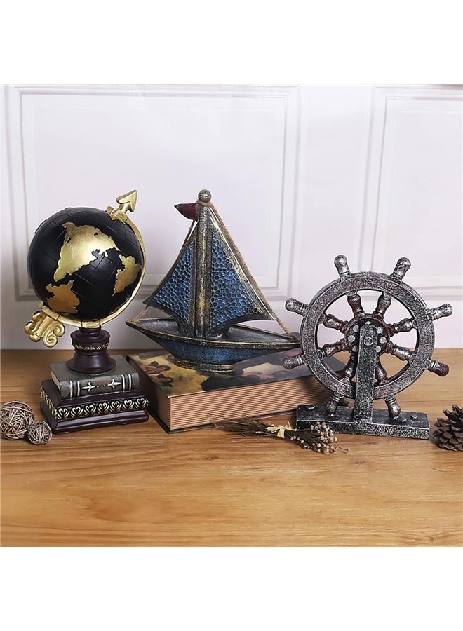 Ship Steering Wheel Boat Sculpture Decor Nautical Rudder Figurine Resin Handicraft Grey Statue Model for Bookshelf Desktop Ornaments Home Decoration (Grey) - Image 4