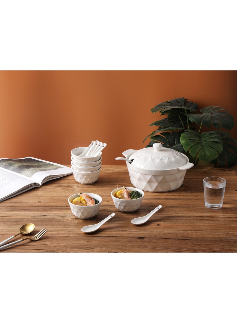 Dove 15-Piece Porcelain Soup & Bowl Set White, Set Includes (11 inch Soup Bowl, 8.5 inch Lid, 4.5 inch 6pcs Bowl, 9 inch Ladle, 5 inch 6pcs Spoon)