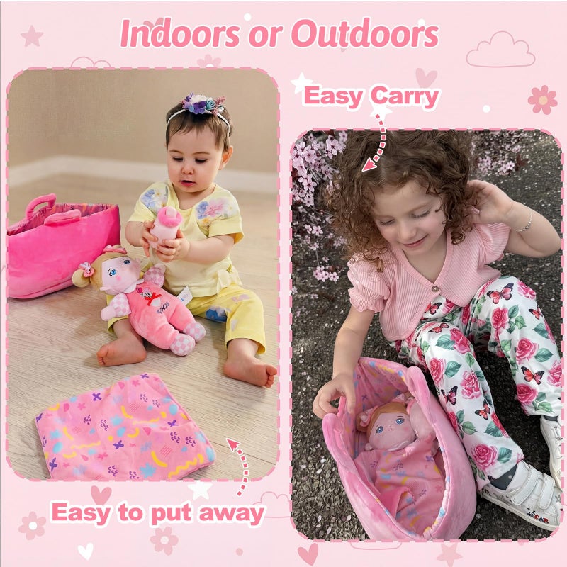 OUOZZZ Baby Doll Accessories with Soft Doll, Bassinet, Blanket and Bottle, Interactive Pretend Playset for Social Emotional Learning, Perfect Birthday Toy & Gift for 2 Year Old Girls - Image 4
