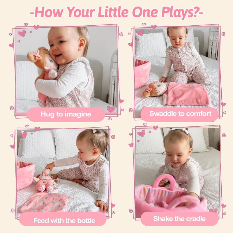 OUOZZZ Baby Doll Accessories with Soft Doll, Bassinet, Blanket and Bottle, Interactive Pretend Playset for Social Emotional Learning, Perfect Birthday Toy & Gift for 2 Year Old Girls - Image 2