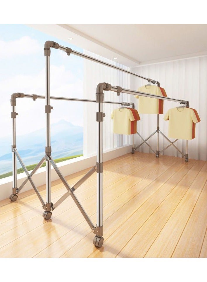 رف تجفيف من الفولاذ المقاوم للصدأ قابل للطي على الأرض، رف تجفيف لحاف شرفة داخلي مزدوج القضيب، رف تجفيف ملابس بارد - Image 3