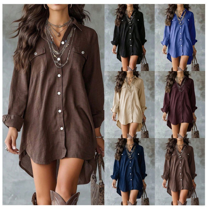 Women's Loose Fit Long Sleeve Shirt Dress with Slit - Image 1