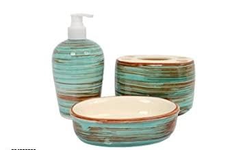 Skywalk Hand Painted Ceramic Bathroom Set of 3 Pcs - Liquid Soap Dispenser, Soap Dish and Brush Holder for Bathroom Décor and Home Gift Set SWKA-1216