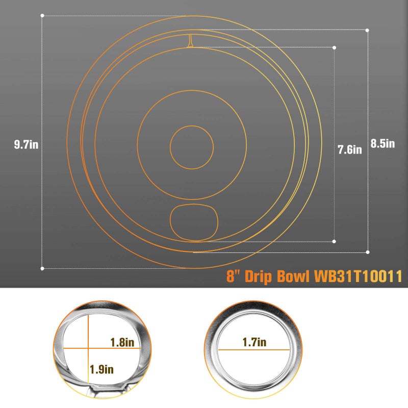APPLIANCEMATES مقالي التنقيط Wb31T10011 & Wb31T10010 مجموعة أوعية التنقيط من الكروم، 4 عبوات تناسب مجموعة Ge Hotpoint الكهربائية من قبل الأجهزة البديلة، 2 حزمة لمدة 8 بوصة و2 حزمة لموقد 6 بوصة - Image 3