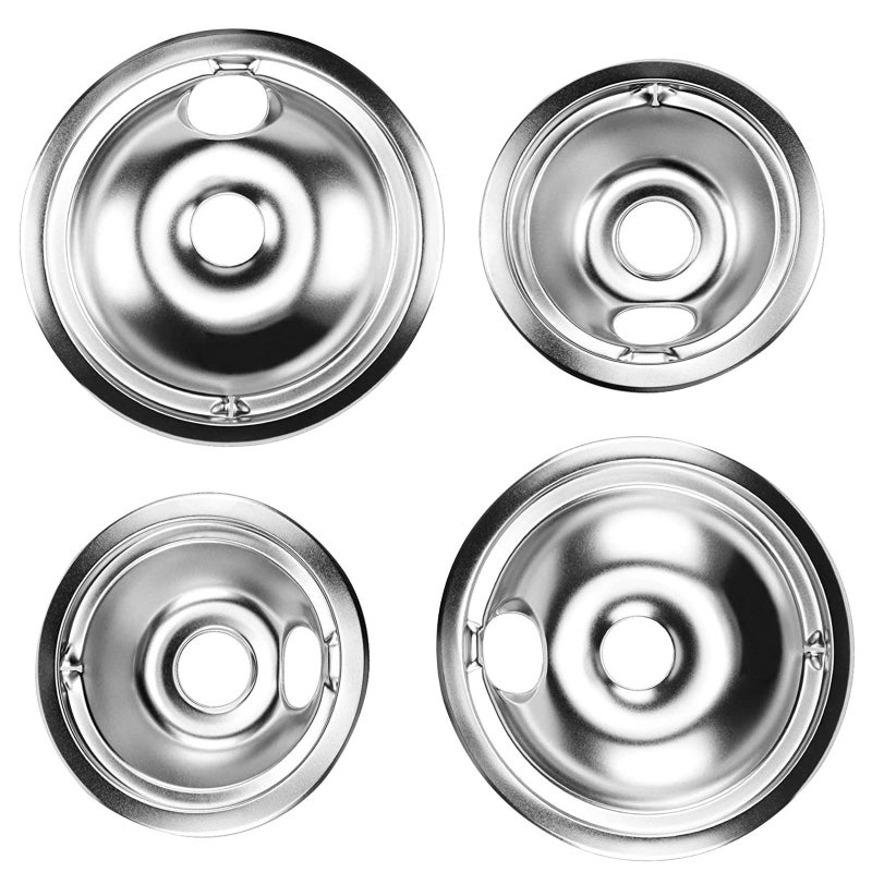 APPLIANCEMATES مقالي التنقيط Wb31T10011 & Wb31T10010 مجموعة أوعية التنقيط من الكروم، 4 عبوات تناسب مجموعة Ge Hotpoint الكهربائية من قبل الأجهزة البديلة، 2 حزمة لمدة 8 بوصة و2 حزمة لموقد 6 بوصة - Image 1