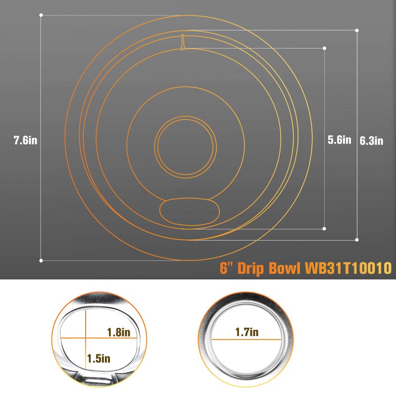APPLIANCEMATES مقالي التنقيط Wb31T10011 & Wb31T10010 مجموعة أوعية التنقيط من الكروم، 4 عبوات تناسب مجموعة Ge Hotpoint الكهربائية من قبل الأجهزة البديلة، 2 حزمة لمدة 8 بوصة و2 حزمة لموقد 6 بوصة - Image 2