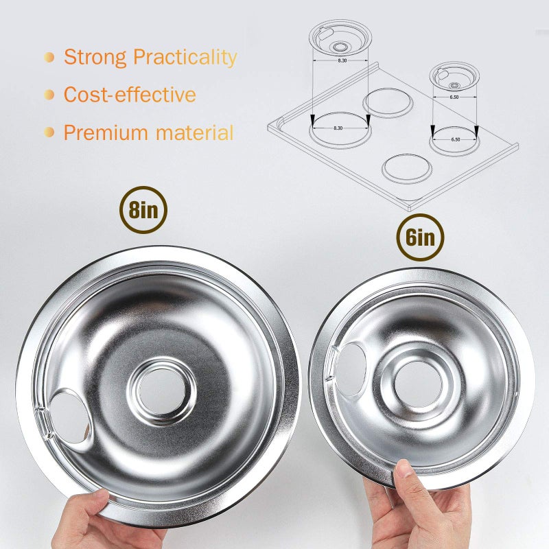 APPLIANCEMATES مقالي التنقيط Wb31T10011 & Wb31T10010 مجموعة أوعية التنقيط من الكروم، 4 عبوات تناسب مجموعة Ge Hotpoint الكهربائية من قبل الأجهزة البديلة، 2 حزمة لمدة 8 بوصة و2 حزمة لموقد 6 بوصة - Image 5