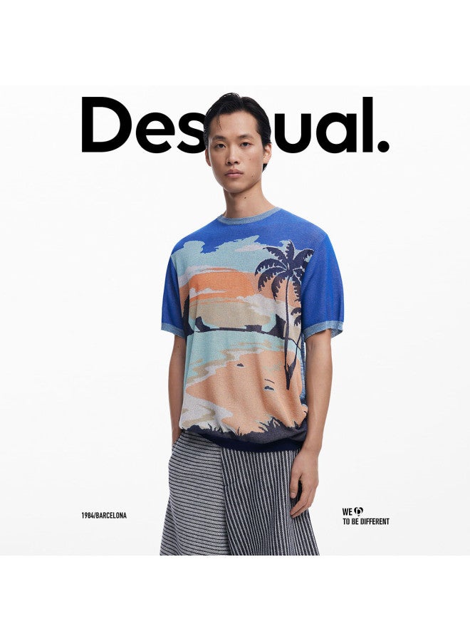 DESIGUAL men's Jacquard Knit Short-sleeve T-shirt With Beach Palm Tree Pattern, Spring-summer 2025 Collection - Image 4