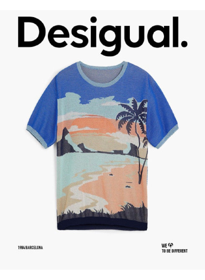 DESIGUAL men's Jacquard Knit Short-sleeve T-shirt With Beach Palm Tree Pattern, Spring-summer 2025 Collection - Image 1