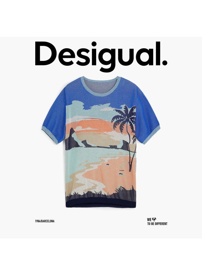 DESIGUAL men's Jacquard Knit Short-sleeve T-shirt With Beach Palm Tree Pattern, Spring-summer 2025 Collection - Image 2