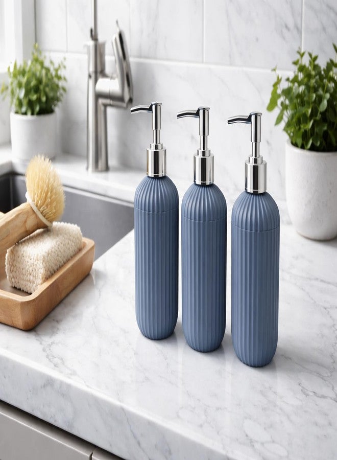 LAGET® 300ml Soap Dispenser for Wash Basin - Plane Ribbed Design | Kitchen and Bathroom Accessories Items | Refillable Handwash Dispenser Bottle- Set of 3 (Metallic Blue) - Image 5