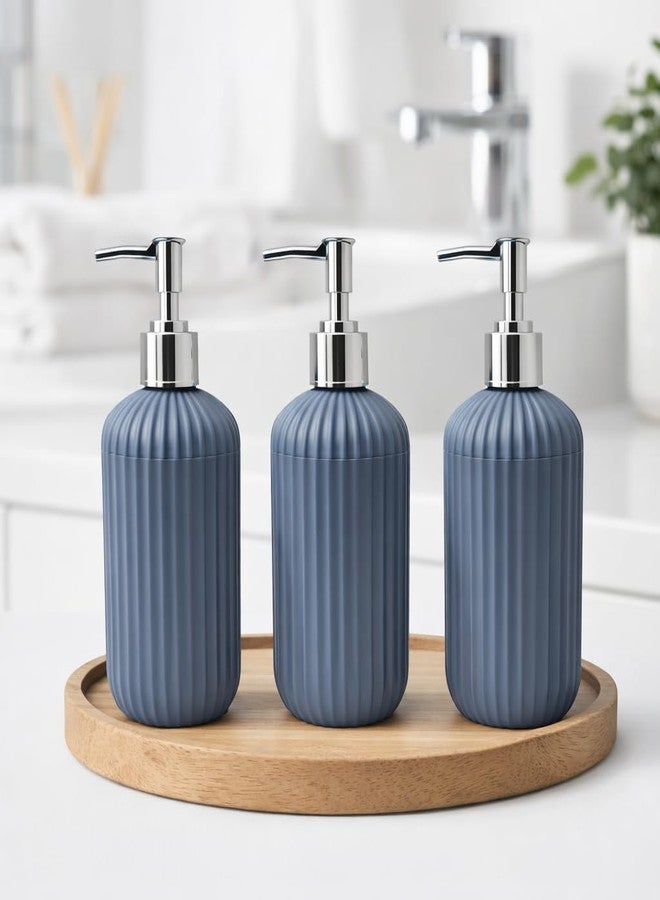 LAGET® 300ml Soap Dispenser for Wash Basin - Plane Ribbed Design | Kitchen and Bathroom Accessories Items | Refillable Handwash Dispenser Bottle- Set of 3 (Metallic Blue) - Image 1