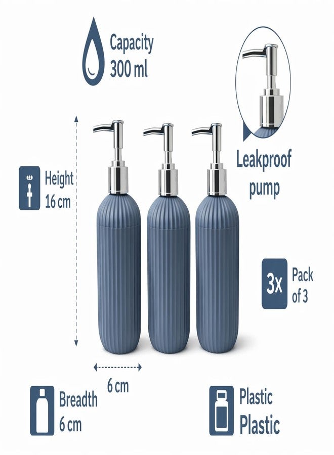LAGET® 300ml Soap Dispenser for Wash Basin - Plane Ribbed Design | Kitchen and Bathroom Accessories Items | Refillable Handwash Dispenser Bottle- Set of 3 (Metallic Blue) - Image 3