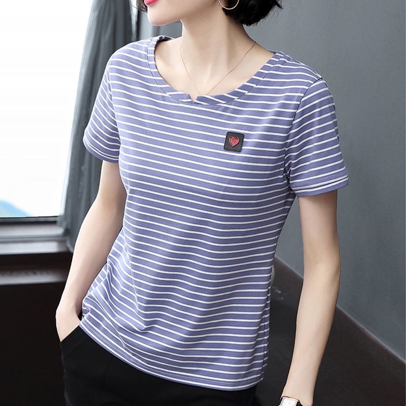 Striped T-Shirt Women's K-Style 2025 Casual Summer Wear Loose Middle-Aged Mother Women's Short-Sleeved Versatile Half-Sleeved Top - Image 3