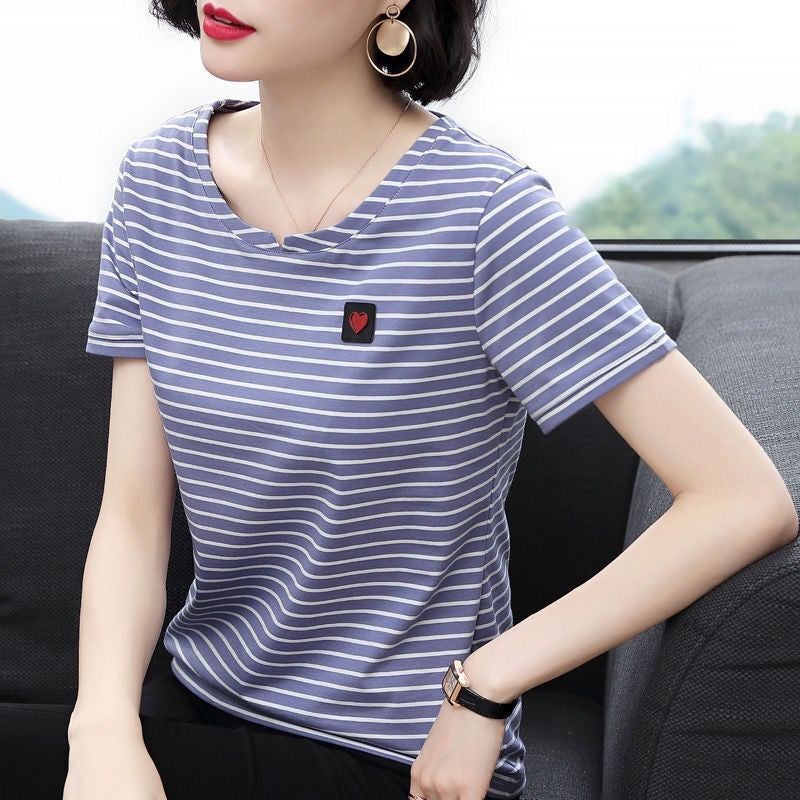 Striped T-Shirt Women's K-Style 2025 Casual Summer Wear Loose Middle-Aged Mother Women's Short-Sleeved Versatile Half-Sleeved Top - Image 5