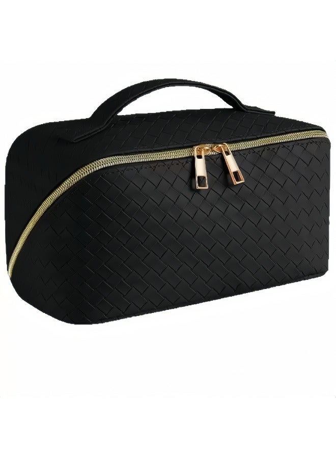 Large Capacity Travel Cosmetic Bag - Makeup Bag, PU Leather Waterproof Cosmetic Bag, Women Portable Travel Makeup Bag With Handle and Divider Flat Lay Makeup Organizer Bag - Image 1