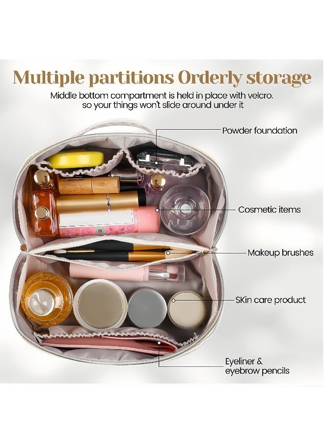 Large Capacity Travel Cosmetic Bag - Makeup Bag, PU Leather Waterproof Cosmetic Bag, Women Portable Travel Makeup Bag With Handle and Divider Flat Lay Makeup Organizer Bag - Image 2
